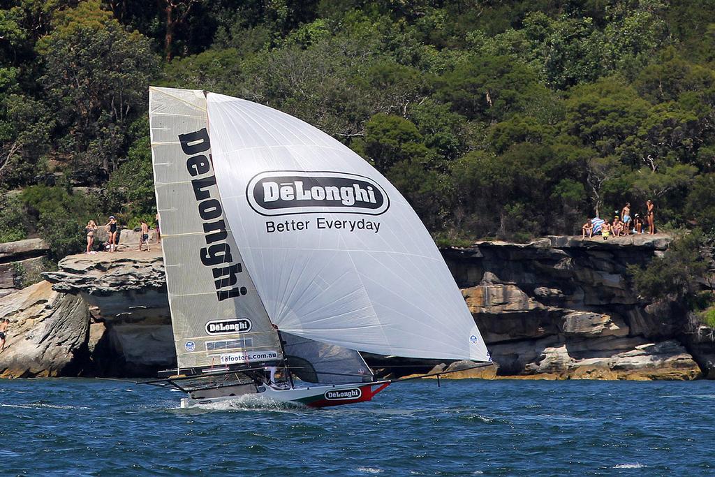 De'Longhi holds second place on the run into Rose Bay - Australian 18 Footers, League, Syd. Barnett Memorial Trophy,  Sunday, 14 December 2014, Sydney Harbour. © Australian 18 Footers League http://www.18footers.com.au